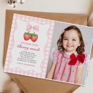 Strawberry Pink Bow Girl 1. Geburtstag Foto Dankeskarte