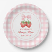 Strawberry Pink Bow Girl 1. Geburtstag Pappteller (Vorderseite)