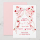 Strawberry Pink Bow Pearl 1st Birthday Einladung (Vorne/Hinten)