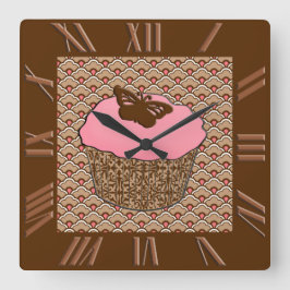 Strawberry Pink Frosted Cupcake Quadratische Wanduhr