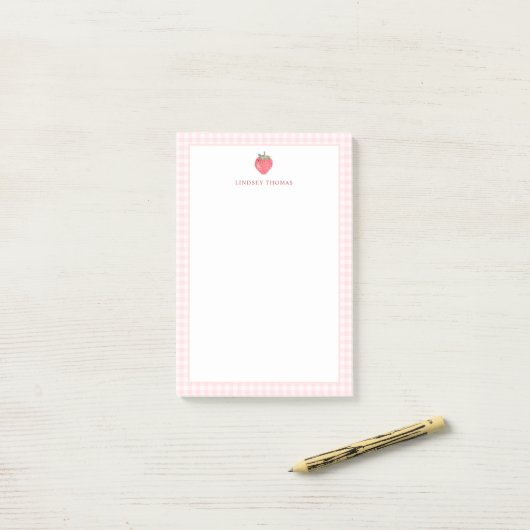 Strawberry Pink Gingham Border Personalized Post-it Klebezettel (Auf Schreibtisch)