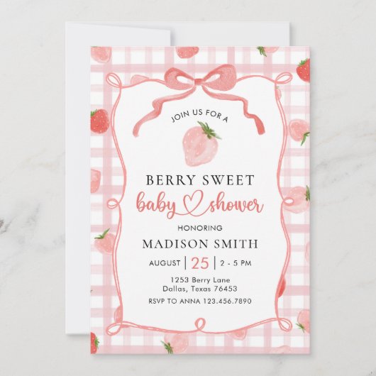 Strawberry Pink Gingham Girl Baby Shower Einladung (Vorderseite)