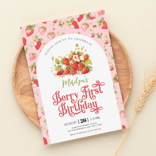Strawberry Pink Girl Berry Erster Geburtstag Einladung