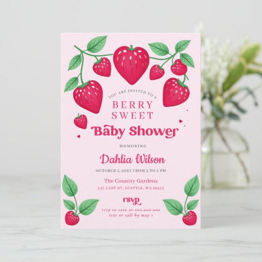 Strawberry Pink Red Berry Sweet Baby Dusche Einladung (Stehend Vorderseite)
