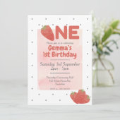 Strawberry Polka Dot 1. Geburtstag Einladung (Stehend Vorderseite)