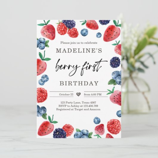 Strawberry Raspberry Berry Erster Geburtstag Einladung (Stehend Vorderseite)