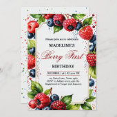 Strawberry Raspberry Berry Erster Geburtstag Teil Einladung (Vorne/Hinten)