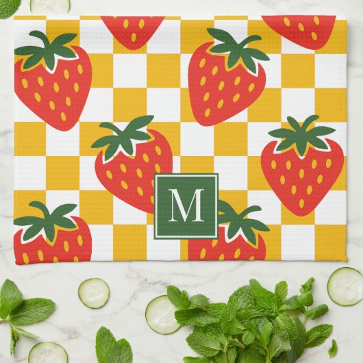 Strawberry Rustic Farmhouse Checkered Monogram Geschirrtuch (Gefaltet)