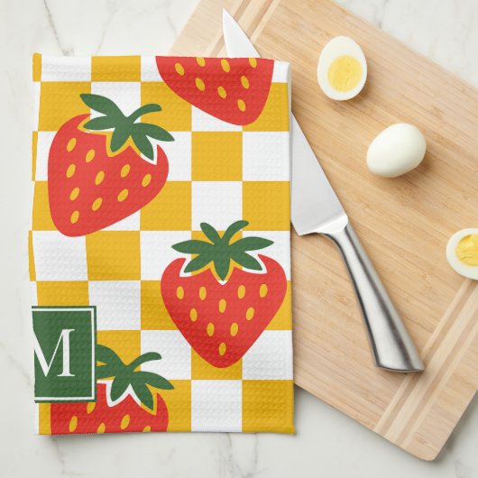 Strawberry Rustic Farmhouse Checkered Monogram Geschirrtuch (Viertel Falte)