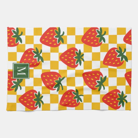 Strawberry Rustic Farmhouse Checkered Monogram Geschirrtuch (Horizontal)