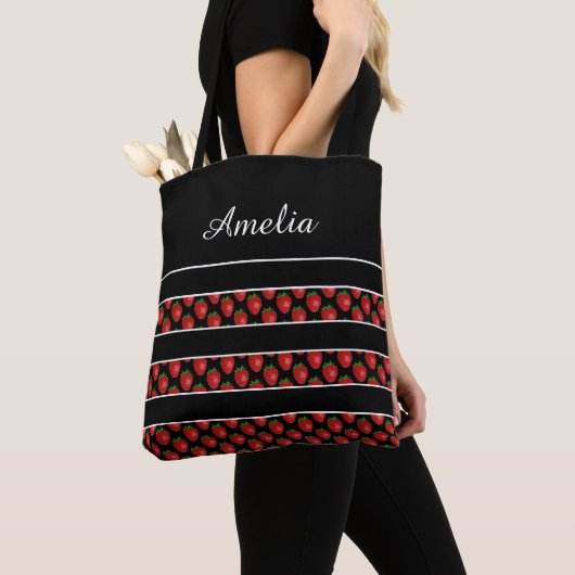 Strawberry Stripes Black Personalised Tasche (Von Nahem)