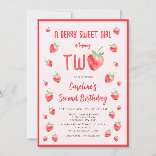 Strawberry Summer Berry Sweet Second Girl Geburtst Einladung (Vorderseite)