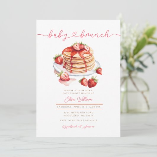 Strawberry Summer Pancake Baby Brunch Babydusche Einladung (Stehend Vorderseite)