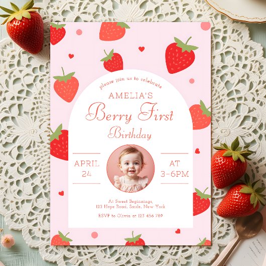 Strawberry Sweet Berry First Birthday Party Foto Einladung