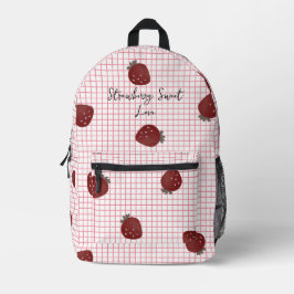 Strawberry Sweet Love – Minimal Berry Trio on Red  Bedruckter Rucksack