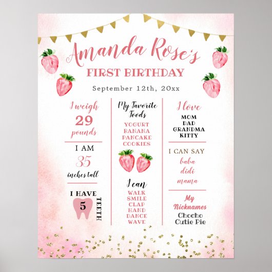 Strawberry Sweet One First Birthday Sign Poster (Vorne)