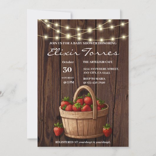 Strawberry Sweet Wood Basket Baby Dusche Einladung (Vorderseite)
