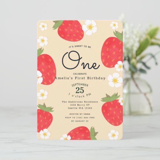 Strawberry Sweet zu einer Einladung zum 1. Geburts (Stehend Vorderseite)