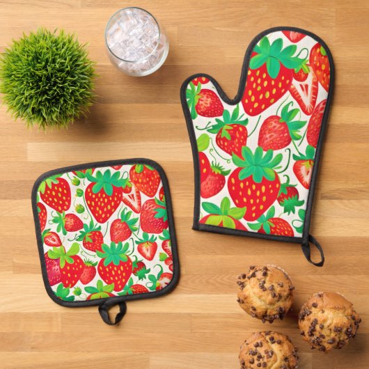 Strawberry Swirl Muster Ofenhandschuh & Topflappen-Set (Oben Unten)