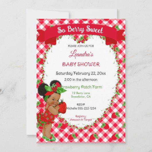 Strawberry Theme Baby Girl Gingham Red Green Einladung (Vorderseite)