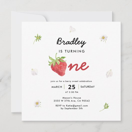 Strawberry Theme Berry First Birthday Square Einladung (Vorderseite)