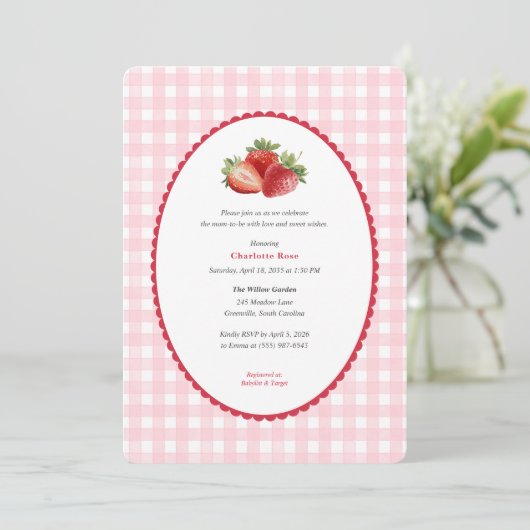Strawberry themed-Spring Baby Girl Shower Einladung (Stehend Vorderseite)