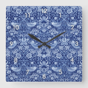 Strawberry Thief Blue Monotone, William Morris Quadratische Wanduhr