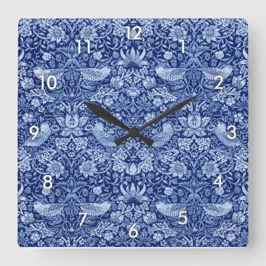 Strawberry Thief Blue Monotone, William Morris Quadratische Wanduhr (Vorderseite)