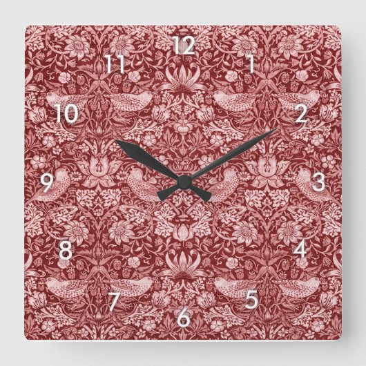 Strawberry Thief Maroon, William Morris Quadratische Wanduhr (Vorderseite)