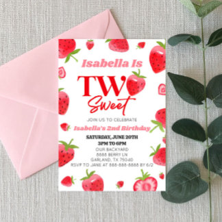 Strawberry Two Sweet Pink Red 2. Geburtstag Party Einladung