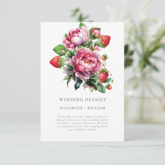 Strawberry und Peonies Sommer Hochzeiten Details Begleitkarte (Stehend Vorderseite)
