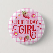 Strawberry und Pink Gingham Birthday Girl Button (Vorderseite)