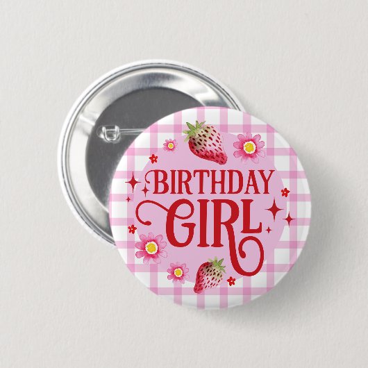 Strawberry und Pink Gingham Birthday Girl Button (Vorne & Hinten)