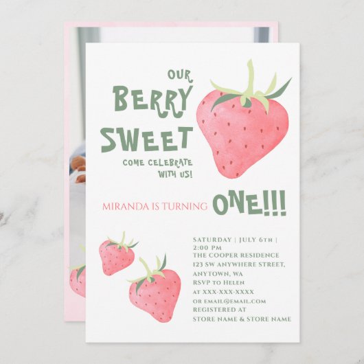 Strawberry UNUR BERRY SWEET Erster Geburtstag Einladung (Vorne/Hinten)