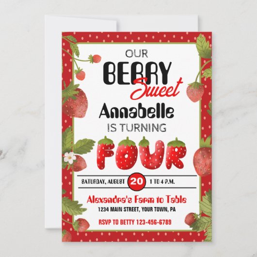 Strawberry Vierte Geburtstagsparty Einladung (Vorderseite)