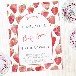 Strawberry Watercolor Geburtstagsparty Einladung Postkarte