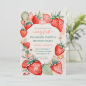 Strawberry Watercolor Niedlich Berry Erster Geburt Einladung (Stehend Vorderseite)