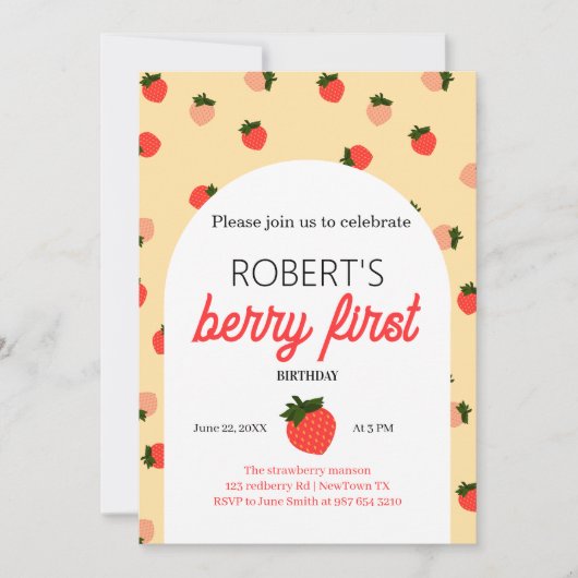 Strawberry zum ersten Geburtstag Einladung (Vorderseite)