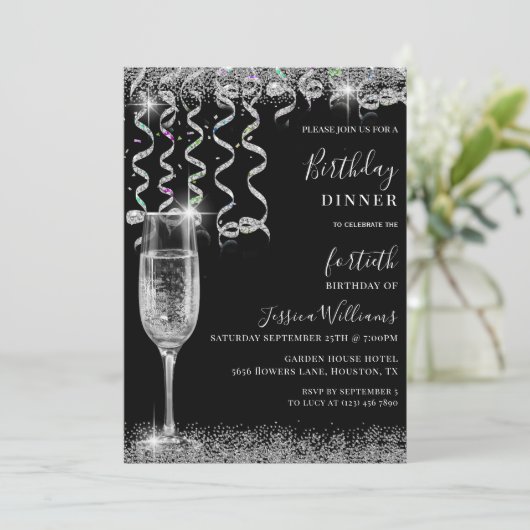 Streamers & Sparkle Geburtstagsessen Einladung (Stehend Vorderseite)