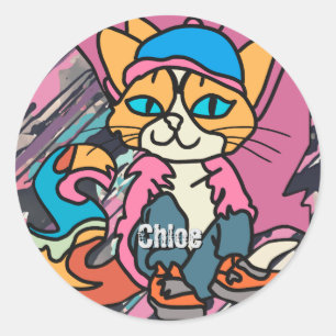 Street Retro Cat, Cap and Sneakers Funny Runder Aufkleber