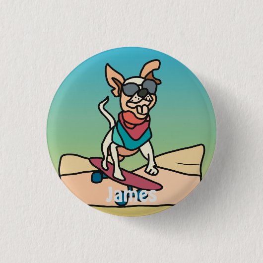 Street Retro Hund mit Sonnenbrille auf Skateboard Button (Vorderseite)