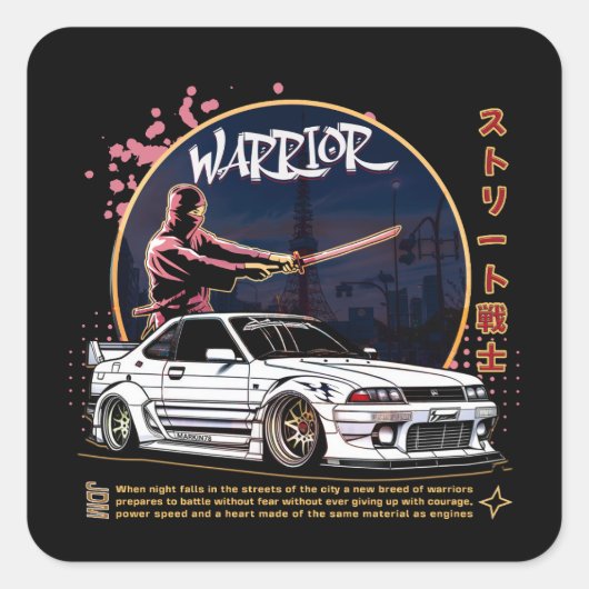 Street Warrior Samurai - Skyline Driver Quadratischer Aufkleber (Vorderseite)