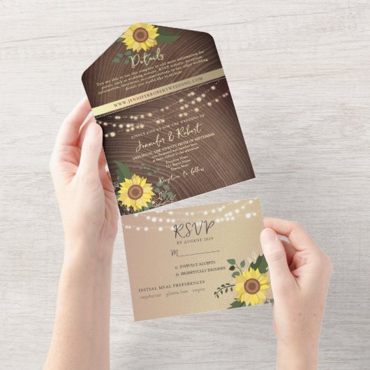 Streichellichter und rustikale Sonnenblumenhochzei All In One Einladung (Abreißen)