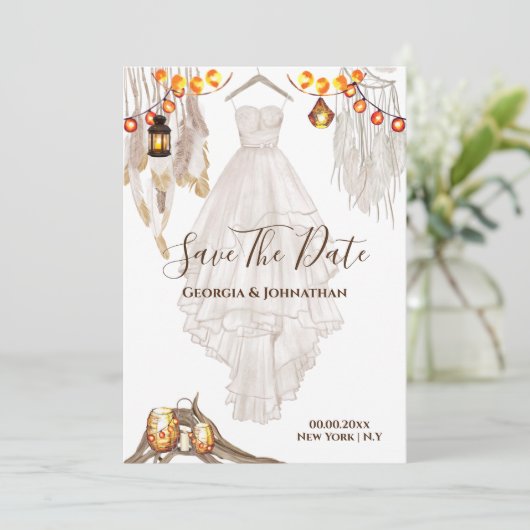 Streichhellfederung boho makrame Laterne Hochzeit Save The Date (Stehend Vorderseite)
