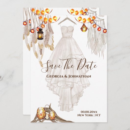 Streichhellfederung boho makrame Laterne Hochzeit Save The Date (Vorne/Hinten)