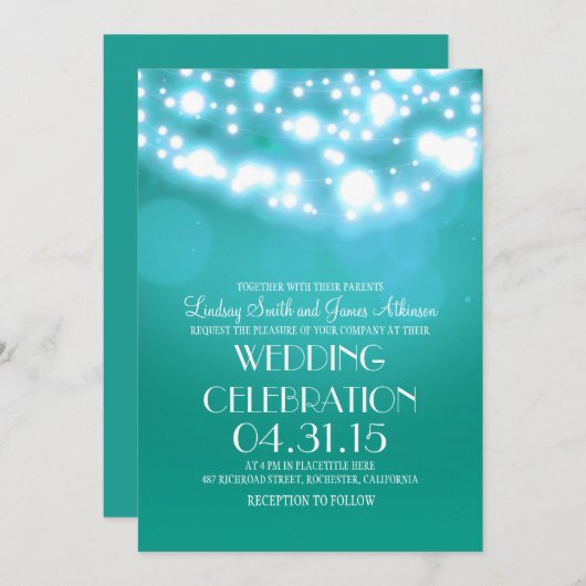 Streichlichter aquamarine Hochzeitsfeiern Einladung (Vorne/Hinten)