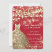 Streichlichter Goldkleid für roten Glitzer Einladung (Vorderseite)