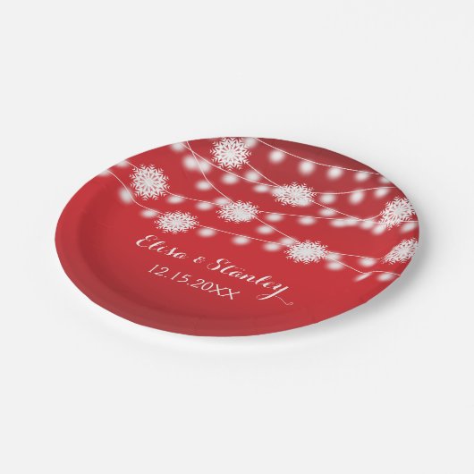 Streichlichter, Schneeflocken Moderne Hochzeit Pappteller (Schrägansicht)