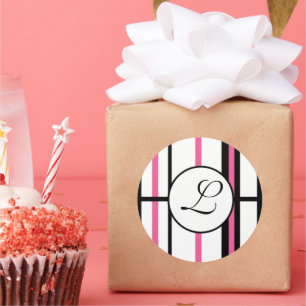 Streifen auf der Monogramm-Aufkleber Rosa Schwarz/ Runder Aufkleber