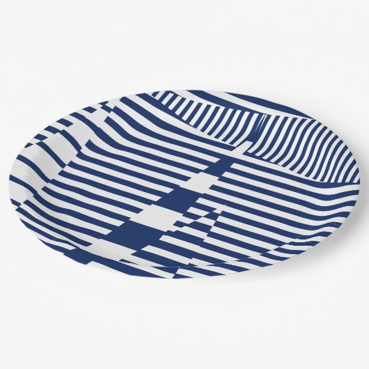 Streifen auf Streifen in Blau und Weiß Pappteller (Schrägansicht)